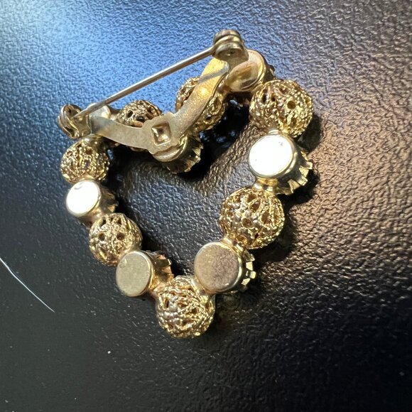 Vintage Heart Brooch Gold Tone Filigree Beads Clear Rhinestones Romantic Jewelry - Picture 4 of 7